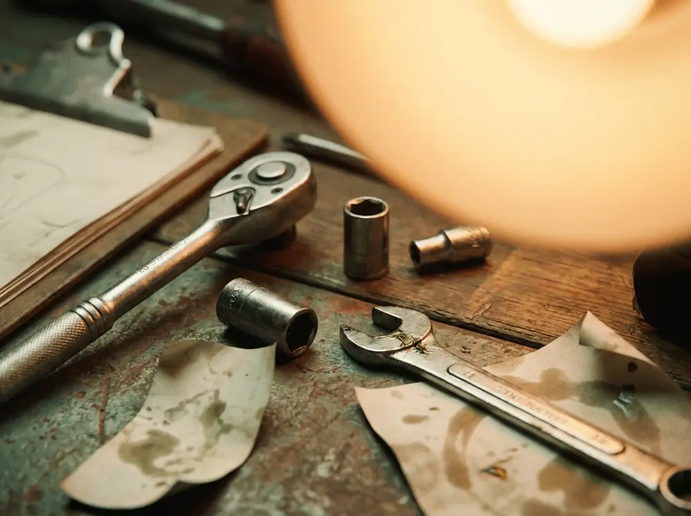 A wrench, socket set and ratchet arranged on a workbench, illustrative image